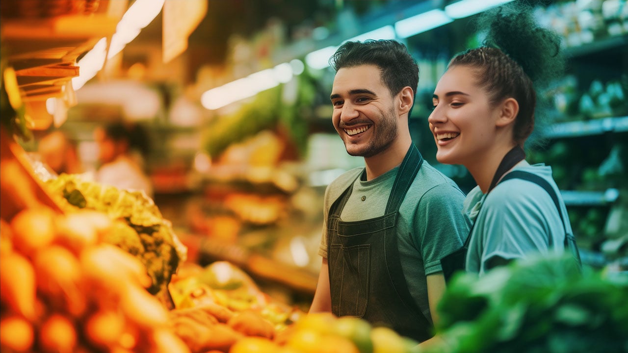 grocery workers standing in front of produce